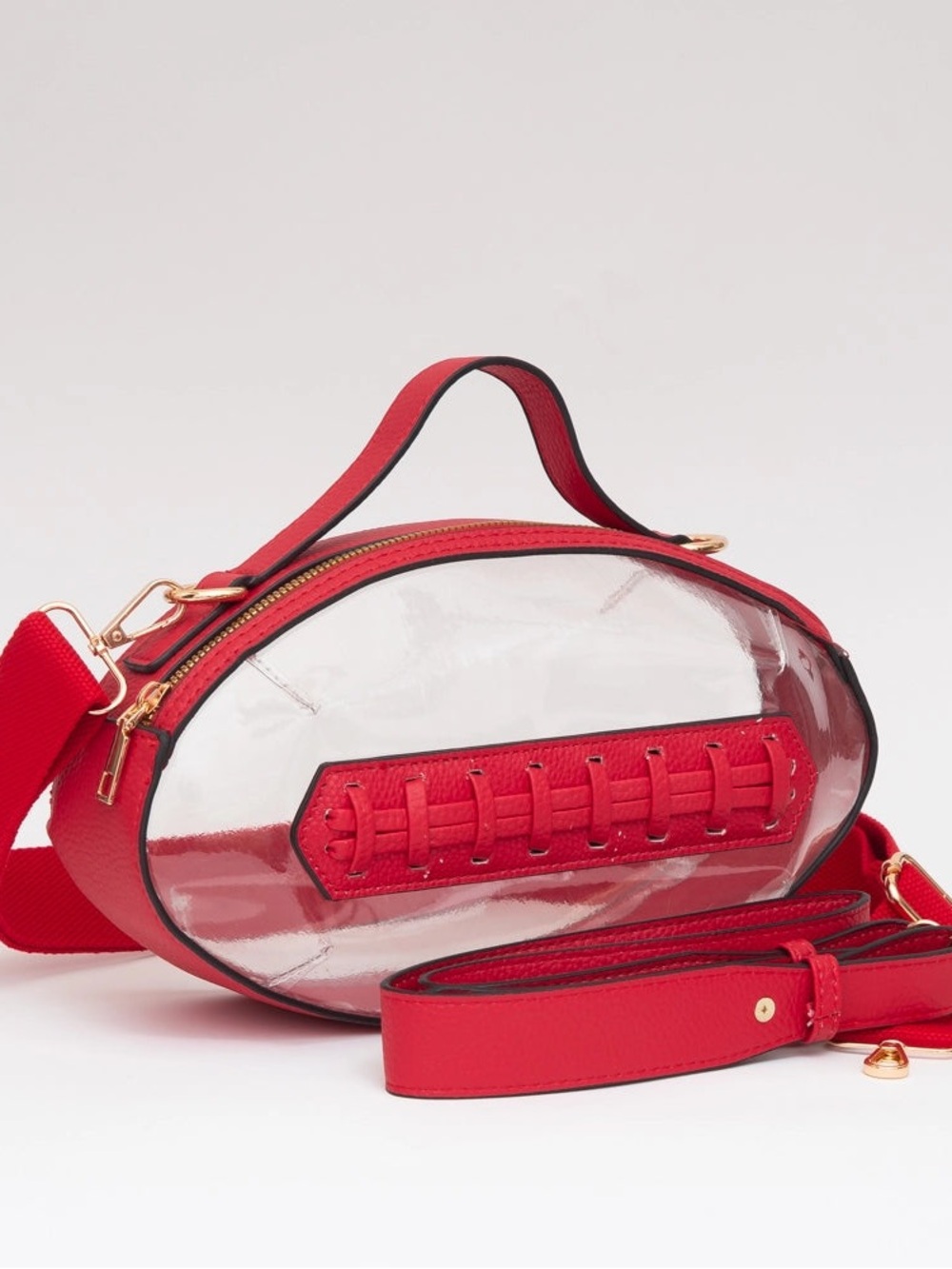 Football Shaped Clear Crossbody Bag with Leather Trim - Red